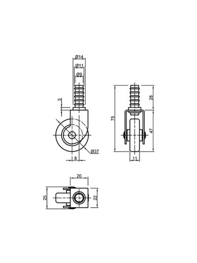 Ролик пластиковый со штифтом Ferro Fiori D37 мм нагрузка 16 кг Хром Черный MEBTECH - 1 2