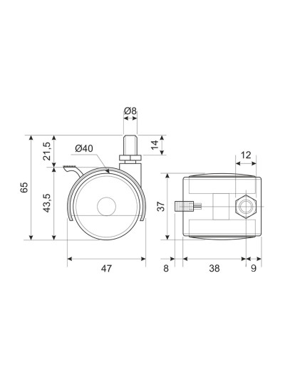 Ролик пластиковий D40 зі штирем М8 та гальмом чорний  - 1 2