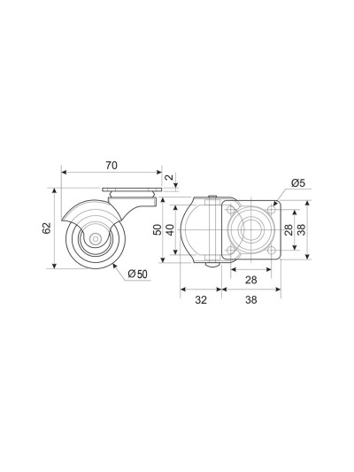 Колесо d-50мм резиновое с площадкой, круглое  - 1 2
